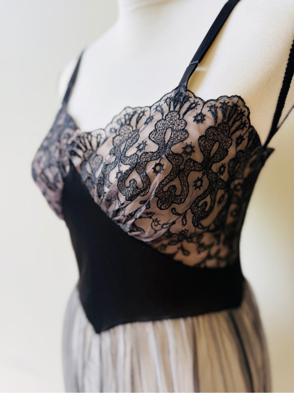 Vintage Sheer Lace Bodice Camisole Dress - Black and Nude
